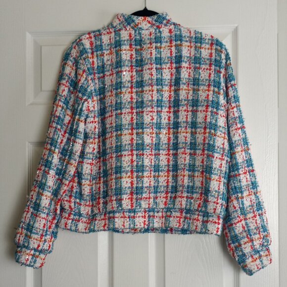 On 34th Blue Coral Metallic Tweed Full Zip Bomber Jacket - Picture 5 of 7